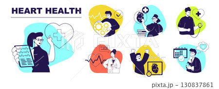 Heart health concept set for web design. Collection with people doing cardio check up, measuring blood pressure and heartbeat, cardiologist research cardiogram, making diagnosis. Vector illustration. 130837861