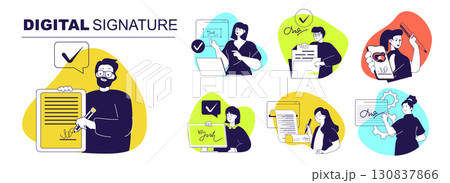Digital signature concept set for web design. Collection with people signing business documents with electronic identification certificate, approve with verification technology. Vector illustration. Digital signature concept set for web design. Collection with people signing business documents with electronic identification certificate, approve with verification technology. Vector illustration. 130837866