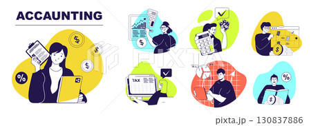 Accounting concept set for web design. Collection with people inspecting financial balance, calculating budget and annual revenue, investing money, planning savings and reporting. Vector illustration. Accounting concept set for web design. Collection with people inspecting financial balance, calculating budget and annual revenue, investing money, planning savings and reporting. Vector illustration. 130837886