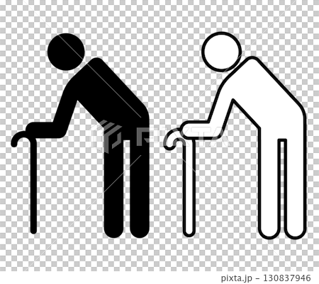 Pictogram of an elderly person with a cane (horizontal, 6 heads tall) 130837946