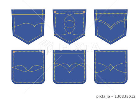 Set of classic stitched jeans pockets. Denim pocket patches isolated on white background. Vector illustration 130838012