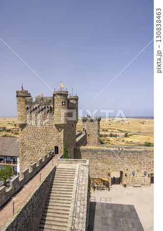 Medieval Castle of Oropesa Showing Ramparts, Towers and Spanish Flag in Castille La Mancha, Spain 130838463