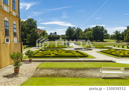 Jaromerice nad Rokytnou baroque garden with hedges, fountain and bridge on sunny day 130838552