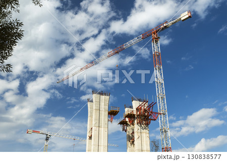 Cranes working on bridge construction in D11 near Bernartice, Czechia Cranes working on bridge construction in D11 near Bernartice, Czechia 130838577