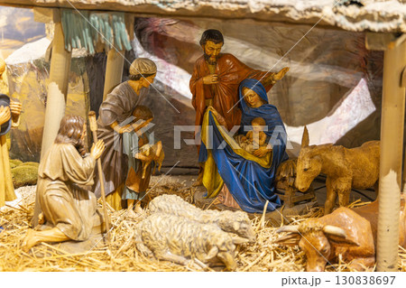 Nativity scene depicting the birth of Jesus with Mary, Joseph, shepherds and animals in Prague 130838697