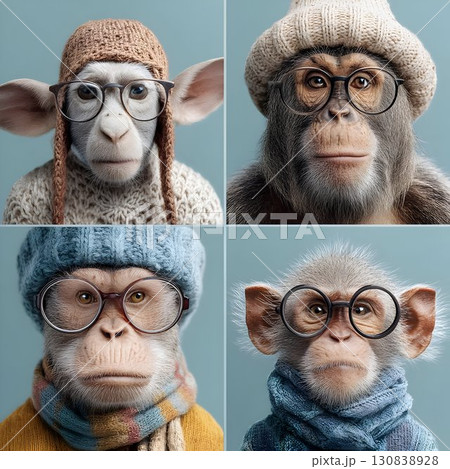 Playful monkeys donning winter attire and glasses, sporting individual personalities against pastel blue backdrop, embodying whimsical fashion statement Playful monkeys donning winter attire and glasses, sporting individual personalities against pastel blue backdrop, embodying whimsical fashion statement 130838928