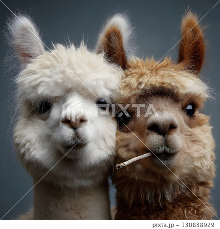 Alpaca pair featuring white and brown woolly companions, standing closely together, with brown alpaca nibbling wooden twig against neutral gray backdrop 130838929