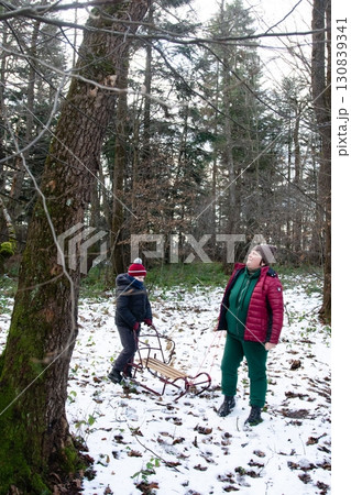 A child pulls a sled through a snowy forest while an adult looks on. A child pulls a sled through a snowy forest while an adult looks on. 130839341
