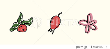 Whimsical hand drawn set of cranberry, rosehip berry, and decorative flower in doodle sketch style with marker texture, rustic botanical autumn decoration. Flat vector illustration isolated . 130840207