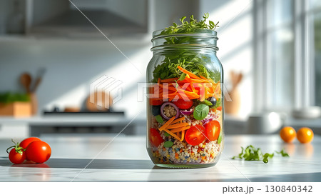 Homemade salad in glass jar featuring vibrant quinoa, fresh vegetables, and greens Homemade salad in glass jar featuring vibrant quinoa, fresh vegetables, and greens 130840342