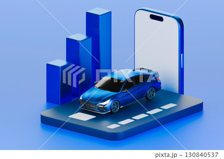 Blue car with a smartphone on blue background Blue car with a smartphone on blue background 130840537