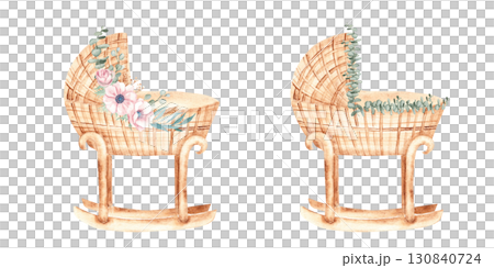 Watercolor Baby cradle Set for a Girl and a Boy from rattan with floral Garlands, anemone and eucalyptus in Vintage style isolated on a white background. Children's eco accessory for newborn greeting Watercolor Baby cradle Set for a Girl and a Boy from rattan with floral Garlands, anemone and eucalyptus in Vintage style isolated on a white background. Children's eco accessory for newborn greeting 130840724