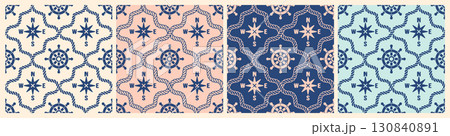 Retro-inspired pastel seamless pattern with compass and rope icons. Ideal for fabric, stationery, digital paper, scrapbooking, and nautical-themed packaging Retro-inspired pastel seamless pattern with compass and rope icons. Ideal for fabric, stationery, digital paper, scrapbooking, and nautical-themed packaging 130840891