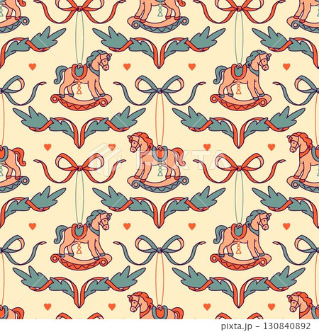 Seamless vintage pattern with rocking horses, ribbons, and bows in warm holiday tones. Perfect for festive Noel backgrounds, retro fabrics, wrapping paper, and seasonal decoration. Seamless vintage pattern with rocking horses, ribbons, and bows in warm holiday tones. Perfect for festive Noel backgrounds, retro fabrics, wrapping paper, and seasonal decoration. 130840892