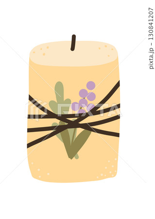 Candle with flowers, cozy element for home decor. Home aromatherapy, hygge home decoration, vector illustration Candle with flowers, cozy element for home decor. Home aromatherapy, hygge home decoration, vector illustration 130841207