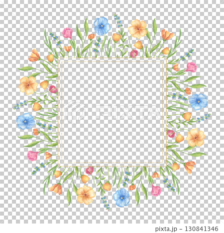 Watercolor Flower frame. Square template with hand-painted greenery, wildflowers, herbs. Banner with a floral composition and space for text. Design of postcards, greetings, and wedding invitations 130841346
