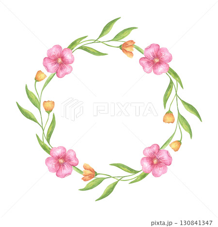 Flower watercolor wreath with pink rosehip flowers and greenery. Round frame with hand-painted greenery, wildflowers, and herbs. Botanical illustration for design, greeting cards, wedding invitations 130841347