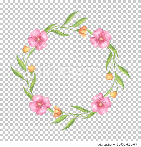 Flower watercolor wreath with pink rosehip flowers and greenery. Round frame with hand-painted greenery, wildflowers, and herbs. Botanical illustration for design, greeting cards, wedding invitations 130841347