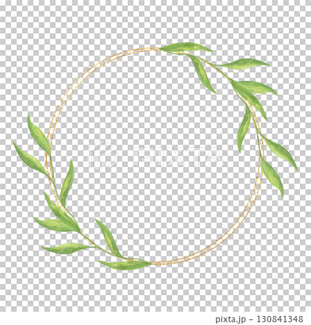 Round watercolor wreath with greenery and a gold rim. Design for an invitation card with leaves. Green wreath for wedding invitations, stationery, greetings, emblems, and backgrounds Round watercolor wreath with greenery and a gold rim. Design for an invitation card with leaves. Green wreath for wedding invitations, stationery, greetings, emblems, and backgrounds 130841348