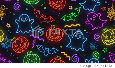 ネオン風ハロウィンパターン背景｜カラフルなゴーストとカボチャのデザイン 130841818