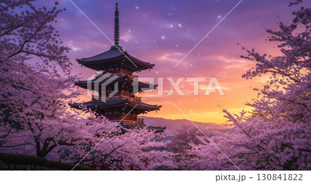 夕焼けに染まる五重塔と満開の桜｜幻想的な日本の春風景 130841822