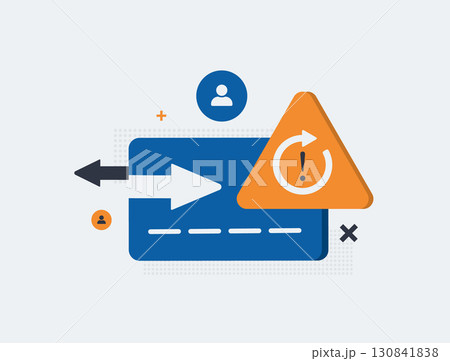 Payment failure and p2p fraud warning - transaction error with credit card, money transfer scam with user account risk and recovery alert. P2p fraud prevention, online banking security illustration 130841838