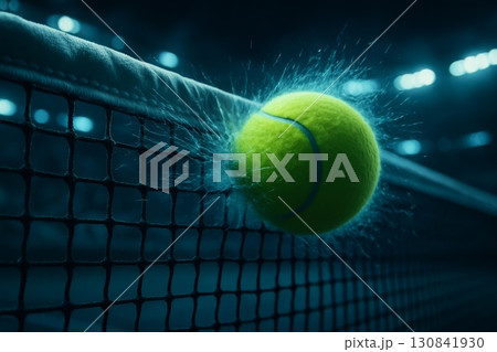 Close-up of yellow tennis ball hitting net with impact during night match. 130841930