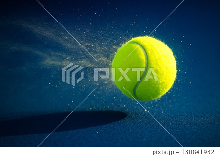 Close-up of yellow tennis ball with dust particles in motion on blue court surface. 130841932