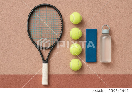 Tennis racket, yellow balls, blue sweatband, and water bottle on textured background, fitness and sports concept. 130841946
