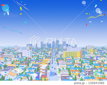 住宅街 　パステルカラー　都市　街並み　背景 　ポップ 130841980