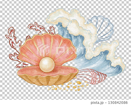 Seashell with pearl and blue wave watercolor design. Hand drawn line art with sand and red coral in colored pencil style. Great for summer travel card or holiday print. Perfect for coastal artwork. 130842086
