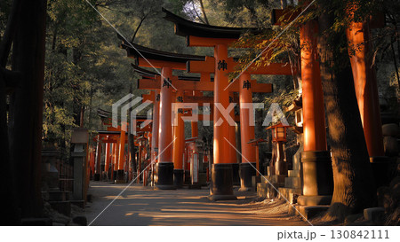 ざらざら朱色の千本鳥居が連なる京都の霊的な参道と希望を象徴する風景 130842111