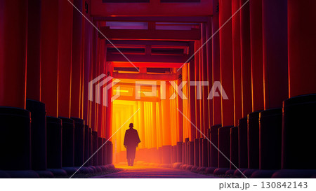 ざらざら朱色の千本鳥居が連なる京都の霊的な参道と希望を象徴する風景 130842143