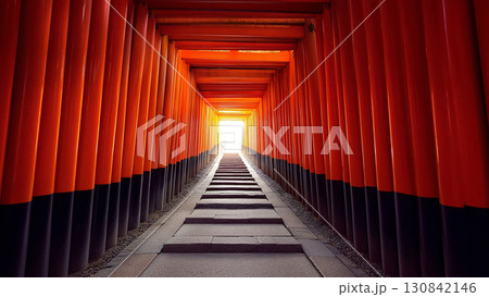ざらざら朱色の千本鳥居が連なる京都の霊的な参道と希望を象徴する風景 130842146