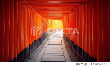 ざらざら朱色の千本鳥居が連なる京都の霊的な参道と希望を象徴する風景 130842149