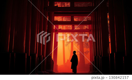 ざらざら朱色の千本鳥居が連なる京都の霊的な参道と希望を象徴する風景 130842157