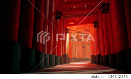 ざらざら朱色の千本鳥居が連なる京都の霊的な参道と希望を象徴する風景 130842176