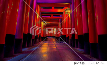 ざらざら朱色の千本鳥居が連なる京都の霊的な参道と希望を象徴する風景 130842182