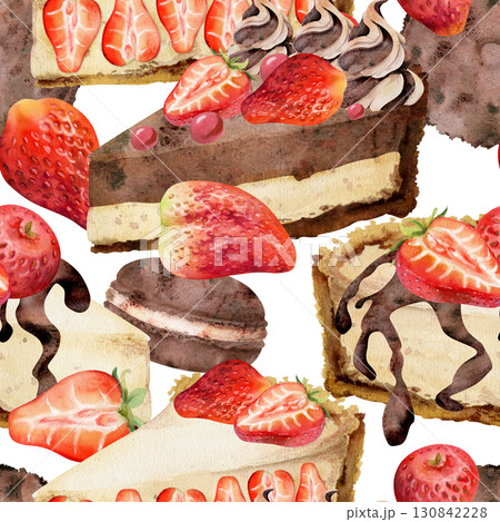 Watercolor layered souffle cheesecake with chocolate ganache drizzle, fresh strawberry, cocoa whoopie pie. Hand painted dessert seamless pattern for cookbooks, recipe cards, cafe branding graphics. Watercolor layered souffle cheesecake with chocolate ganache drizzle, fresh strawberry, cocoa whoopie pie. Hand painted dessert seamless pattern for cookbooks, recipe cards, cafe branding graphics. 130842228