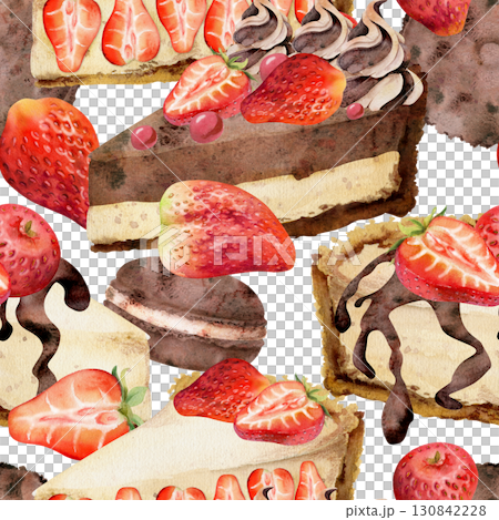 Watercolor layered souffle cheesecake with chocolate ganache drizzle, fresh strawberry, cocoa whoopie pie. Hand painted dessert seamless pattern for cookbooks, recipe cards, cafe branding graphics. Watercolor layered souffle cheesecake with chocolate ganache drizzle, fresh strawberry, cocoa whoopie pie. Hand painted dessert seamless pattern for cookbooks, recipe cards, cafe branding graphics. 130842228