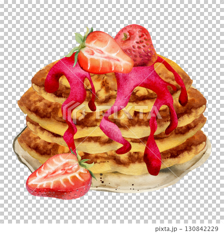 Watercolor stack of pancakes, flapjacks topped with strawberries and syrup or jam drizzle on clay plate. Hand painted food clipart. Bakery branding, menu inserts, recipe books, breakfast art prints. 130842229