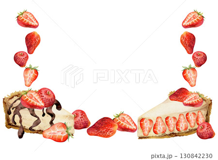 Creamy cheesecake souffle with glossy strawberries, ganache chocolate syrup drizzle, fresh berries in corner frame illustration. Hand painted in watercolor. Patisserie signage, cookbook illustrations Creamy cheesecake souffle with glossy strawberries, ganache chocolate syrup drizzle, fresh berries in corner frame illustration. Hand painted in watercolor. Patisserie signage, cookbook illustrations 130842230