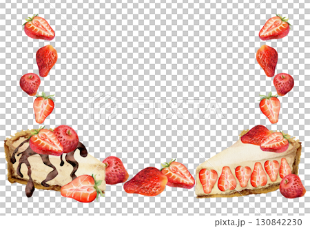 Creamy cheesecake souffle with glossy strawberries, ganache chocolate syrup drizzle, fresh berries in corner frame illustration. Hand painted in watercolor. Patisserie signage, cookbook illustrations Creamy cheesecake souffle with glossy strawberries, ganache chocolate syrup drizzle, fresh berries in corner frame illustration. Hand painted in watercolor. Patisserie signage, cookbook illustrations 130842230