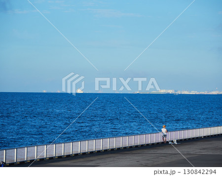 夏の新浦安総合公園の堤防で釣りをしている人の姿 夏の新浦安総合公園の堤防で釣りをしている人の姿 130842294