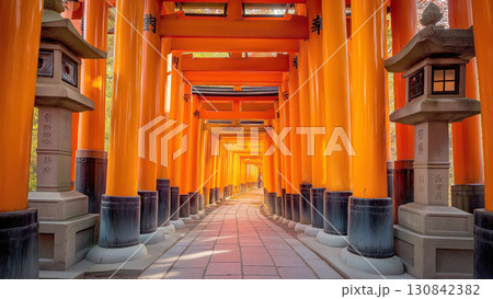 ざらざら朱色の千本鳥居が連なる京都の霊的な参道と希望を象徴する風景 130842382