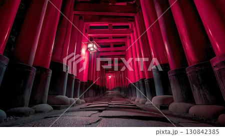 ざらざら朱色の千本鳥居が連なる京都の霊的な参道と希望を象徴する風景 130842385