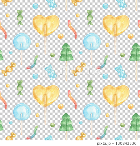 Festive seamless pattern with watercolor lollipops, candies, marmalade. Lollipops in the shape of hearts, Christmas trees, sweets. A Christmas background with sweets for packaging, fabrics, greetings. 130842530
