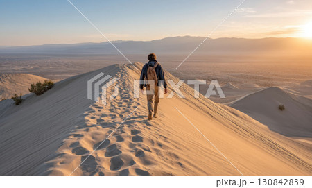 Person hiking alone on sandy desert dune during sunset, enjoying peaceful and vast natural landscape 130842839