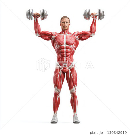 Man lifting dumbbell showing muscular system anatomy, fitness training, strength exercise, healthy lifestyle concept 130842919