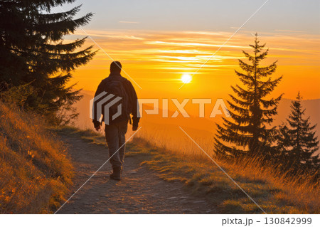Person hiking on mountain trail during vibrant orange sunset with pine trees and peaceful nature surrounding path Person hiking on mountain trail during vibrant orange sunset with pine trees and peaceful nature surrounding path 130842999